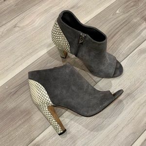 Vince suede and snakeskin heeled open toe booties